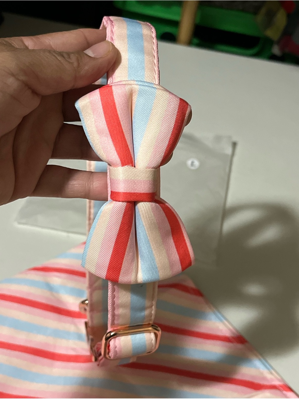 Striped Pink & Blue Dog Bow Tie Collar with Matching Bandana size Large